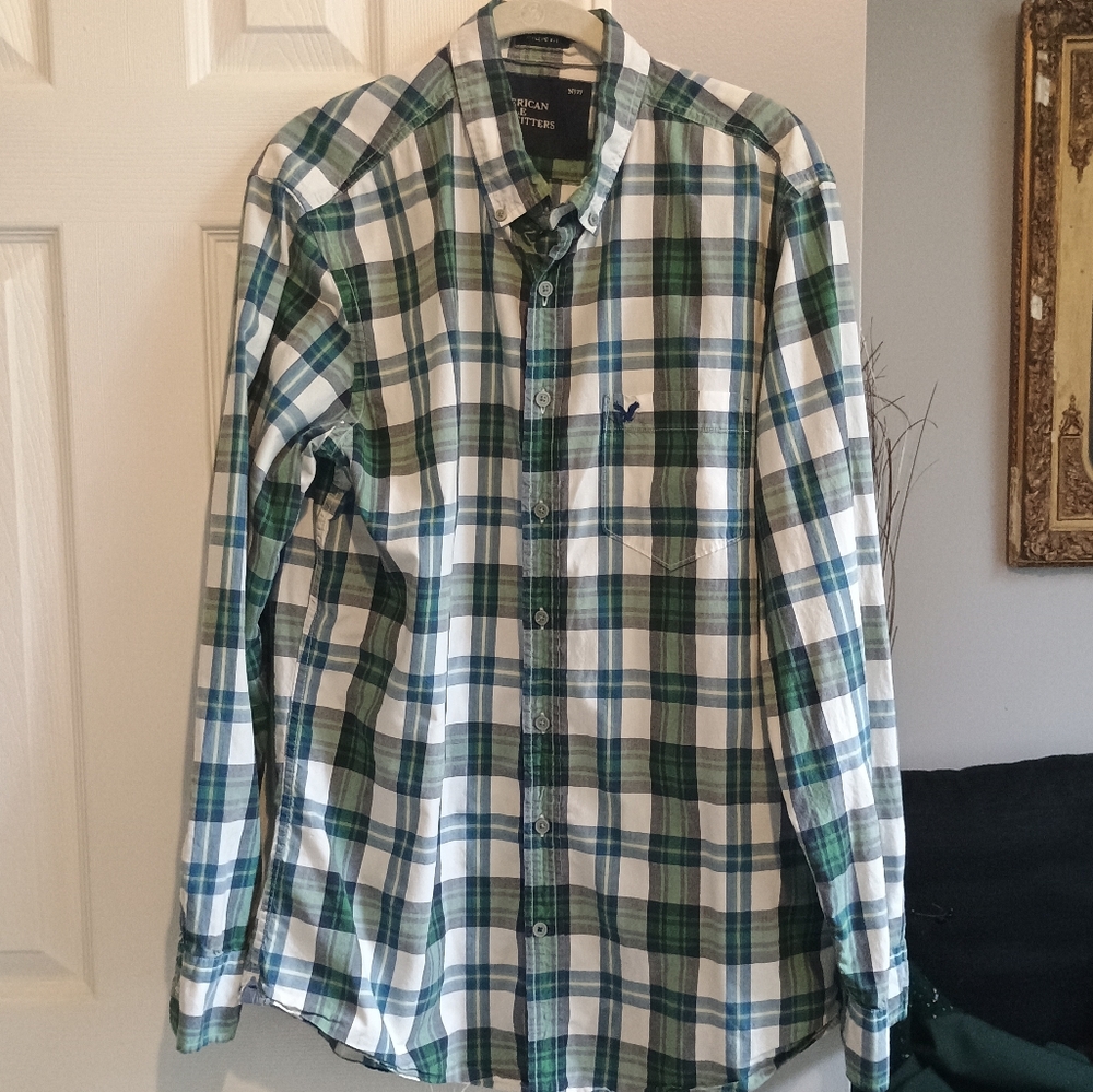 American Eagle Outfitters LT Plaid Shirt Green Blue‎ White Button Front Athletic - Picture 2 of 12